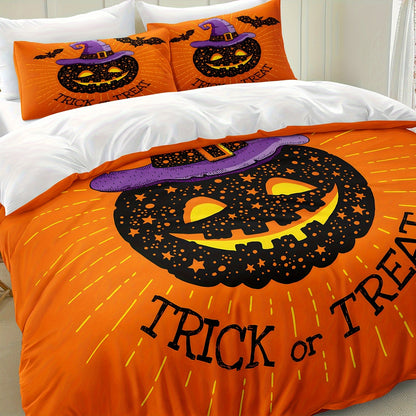 Halloween & Ghost Themed Duvet Cover Set, 3 Piece - 100% Polyester Lightweight Sanded Fabric, All-Season Digital Printed Bedding with Zipper Closure - Includes 1 Duvet Cover and 2 Pillowcases, Machine Washable, No Duvet Insert