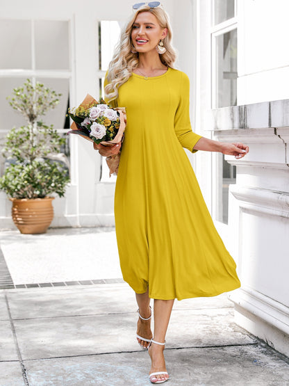 Vibrant Solid Color Crew Neck Midi Dress - Comfortable 3/4 Sleeve Loose Fit, Flattering A-Line Silhouette, Perfect for Spring & Summer, Women's Casual Clothing, Easy to Wear and Move Around