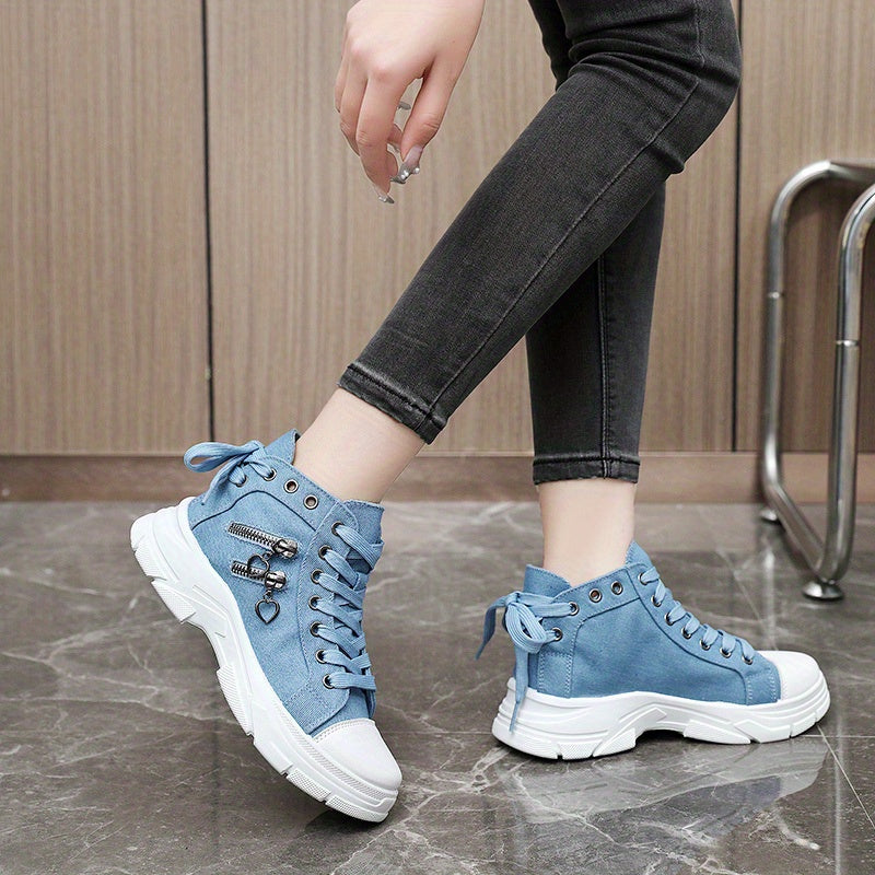 Womens Canvas Platform Sneakers - Zipper Detail, Lace-Up High Tops - Comfortable Sporty Style for All-Occasions