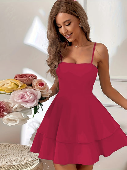 Spring & Summer Chic - Women's Bow-Accented Ruffle Hem Cami Dress with Elegant Square Neck & Sleeveless Spaghetti Straps, Perfect for Casual or Dressy Occasions