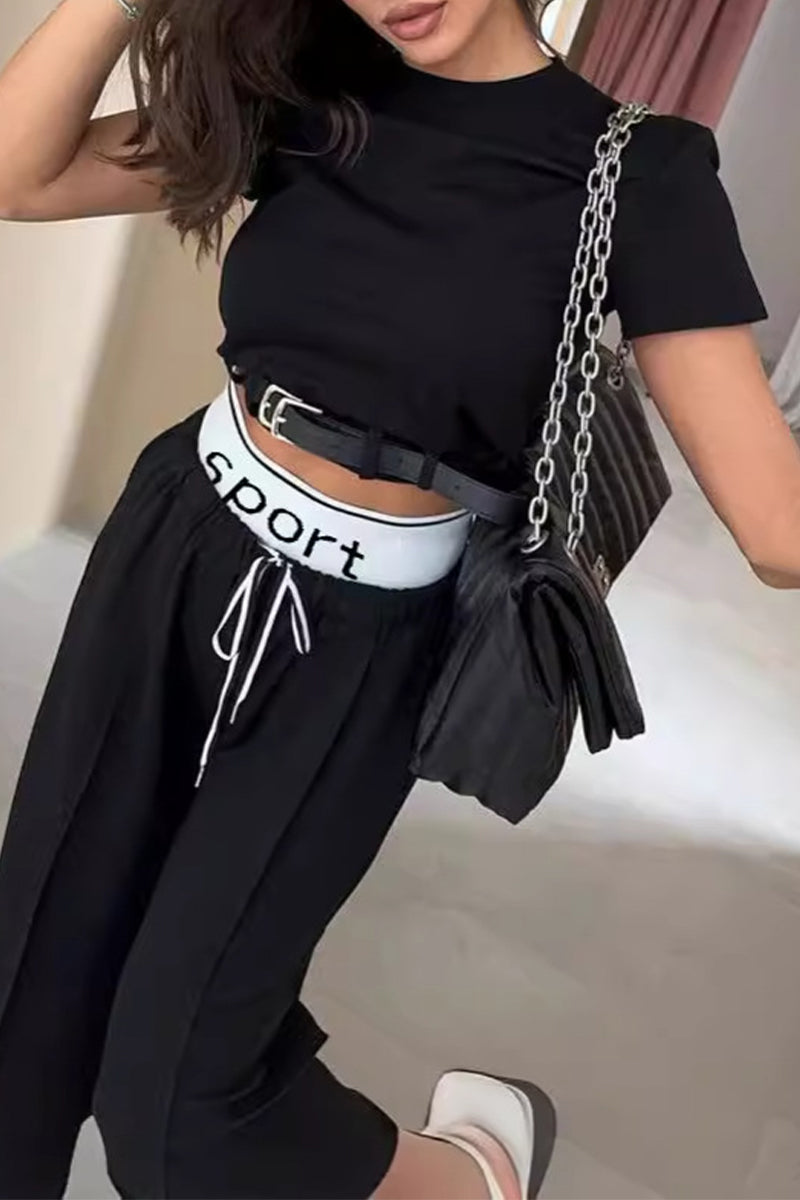 Casual British Style Solid Draw String With Belt O Neck Short Sleeve Two Pieces