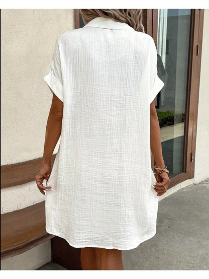 Medium Long Loose Fit Solid Color Short Sleeve Single Breasted Casual Dress for Women - Perfect for Summer - New Arrival