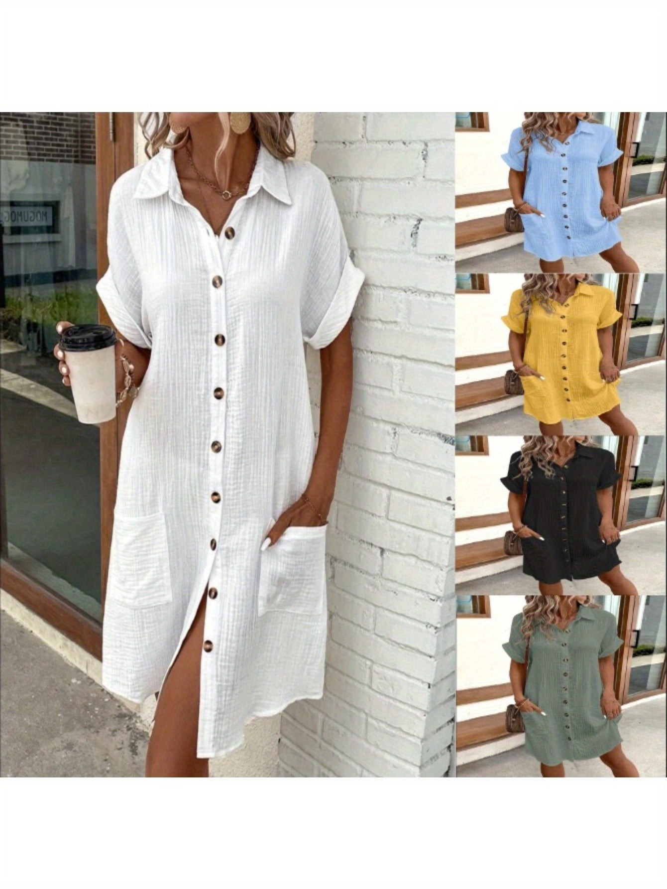 Medium Long Loose Fit Solid Color Short Sleeve Single Breasted Casual Dress for Women - Perfect for Summer - New Arrival