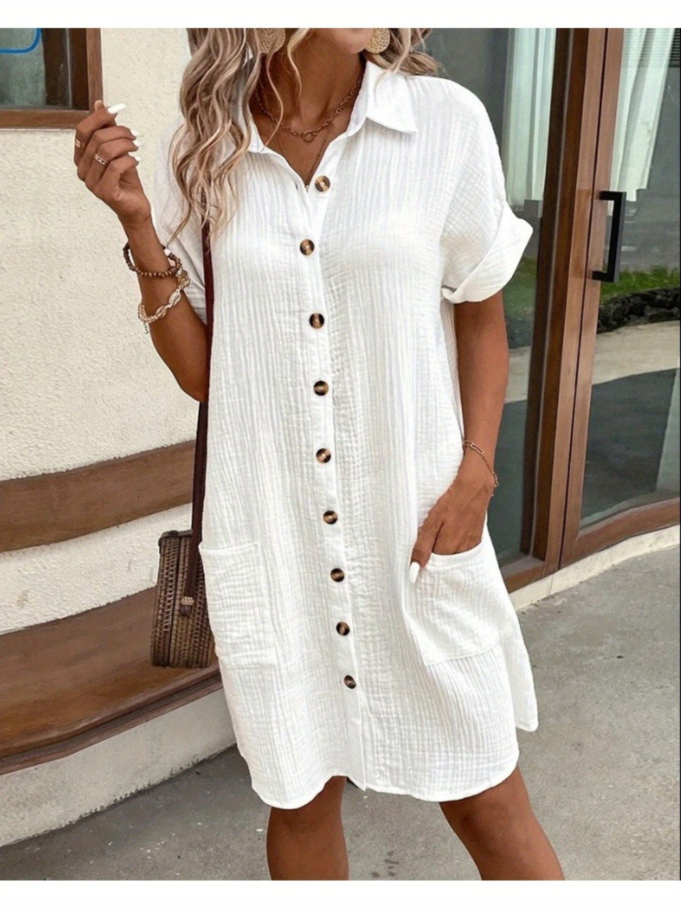 Medium Long Loose Fit Solid Color Short Sleeve Single Breasted Casual Dress for Women - Perfect for Summer - New Arrival