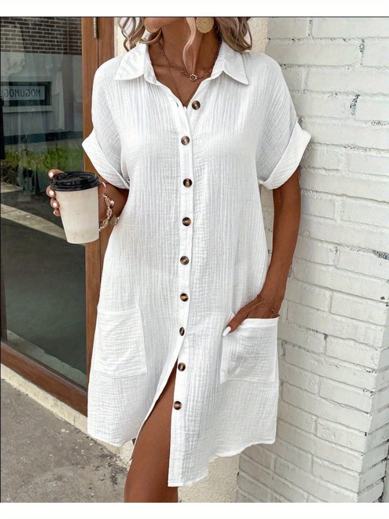 Medium Long Loose Fit Solid Color Short Sleeve Single Breasted Casual Dress for Women - Perfect for Summer - New Arrival