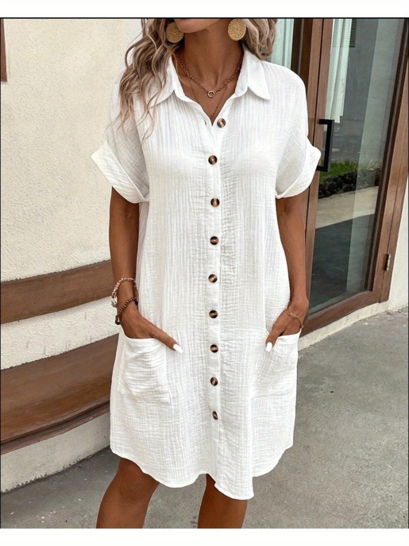 Medium Long Loose Fit Solid Color Short Sleeve Single Breasted Casual Dress for Women - Perfect for Summer - New Arrival