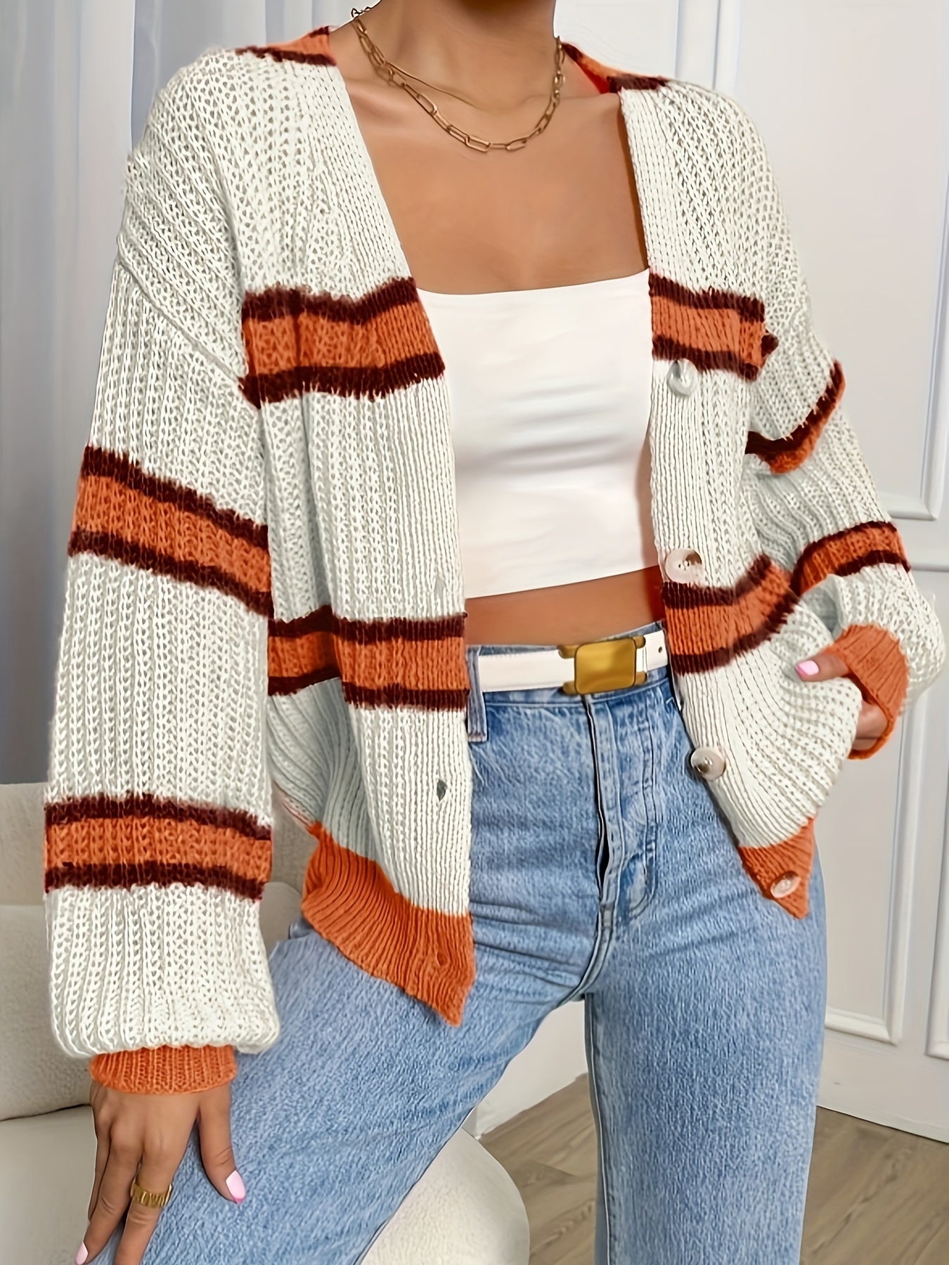 Stylish Color Block Button Down Knit Cardigan - Women's Casual Long Sleeve V Neck Sweater for Spring & Fall - Soft, Cozy, and Versatile Cardigans with Relaxed Fit