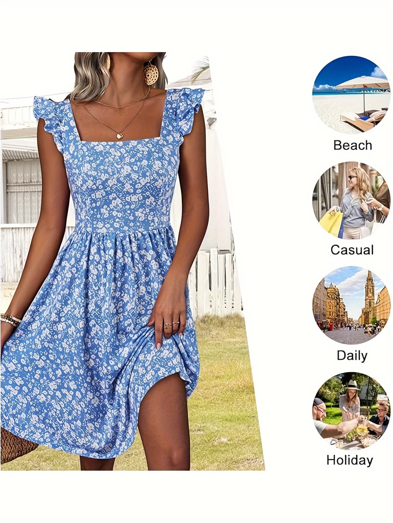 Vibrant Floral Print Square Neck Dress - Elegant Ruffle Sleeves, Cinched Waist, Patched Pockets, Comfortable Fit for Spring & Summer - Women's Stylish Clothing for Everyday Wear