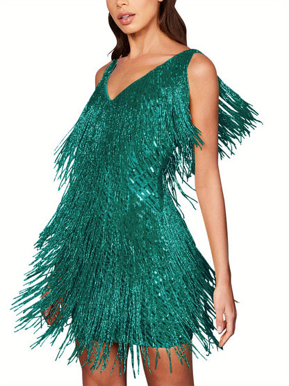 Women 1920s Sequin Dress V Neck Flapper Gatsby Homecoming Dresses Fringe Wedding Club Party Evening Gown