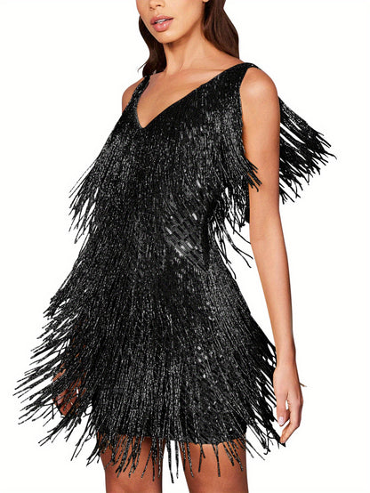 Women 1920s Sequin Dress V Neck Flapper Gatsby Homecoming Dresses Fringe Wedding Club Party Evening Gown