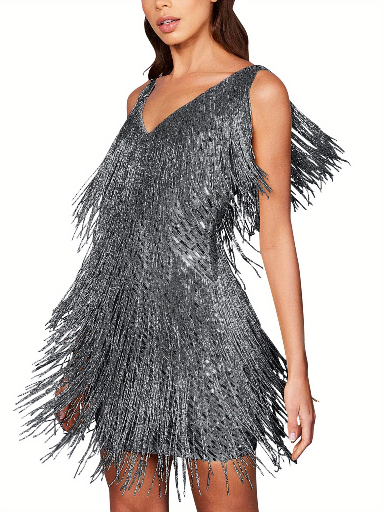 Women 1920s Sequin Dress V Neck Flapper Gatsby Homecoming Dresses Fringe Wedding Club Party Evening Gown