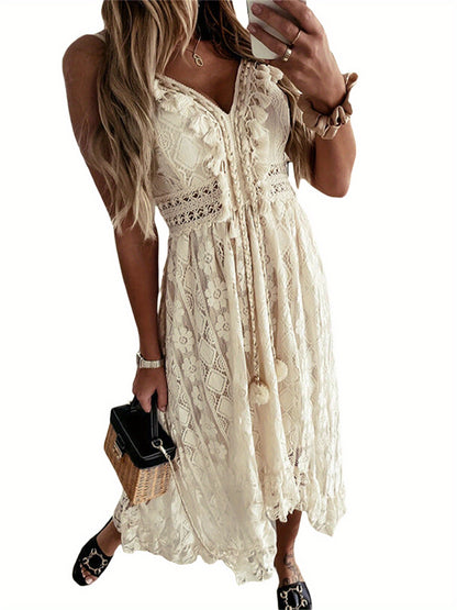 Womens Casual Boho Lace Hem Floral V Neck Long Beach Dress Cocktail Party Maxi Wedding Dress