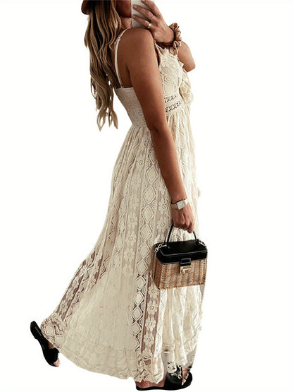 Womens Casual Boho Lace Hem Floral V Neck Long Beach Dress Cocktail Party Maxi Wedding Dress