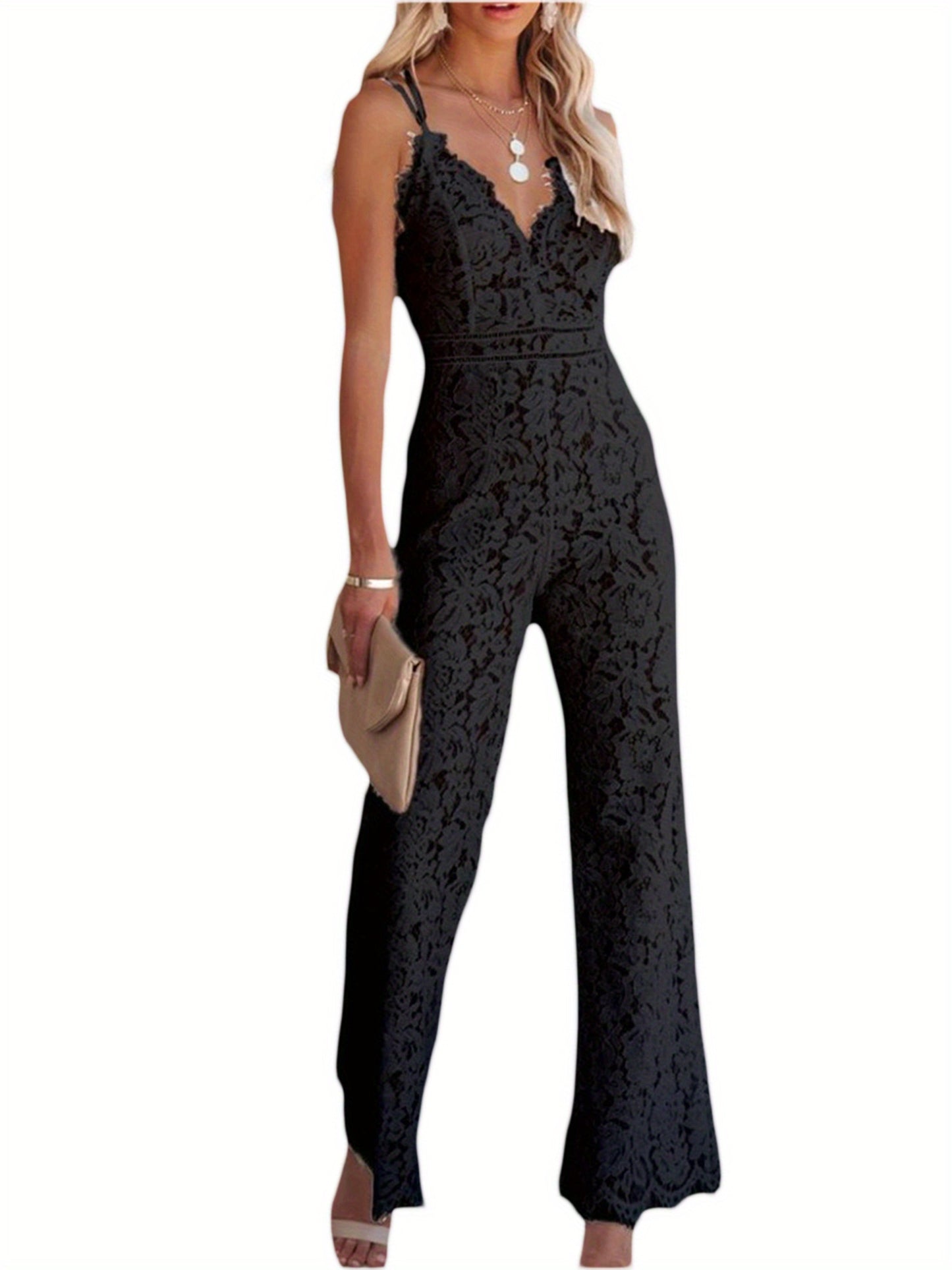 Sexy Ruffle Bodycon Jumpsuit Romper - Women's Sleeveless Backless Mesh Hollow Out Long Pants Clubwear -  Fashionable See-Through Lace Design