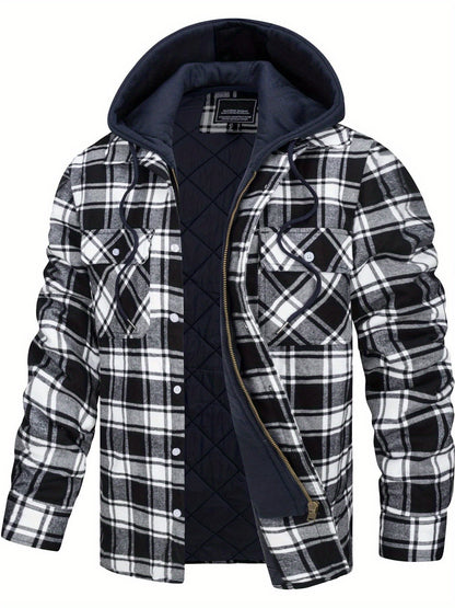 Wohthops Men's Plaid Cotton Hooded Jacket Full Zip Warm Lined Casual Coat with Button Pockets Autumn and Winter Daily Wear Long Sleeve Breathable Windproof Fashionable Jackets for Dating Party Casual Work Camping Fishing Shopping and Other Activities