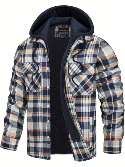 Wohthops Men's Plaid Cotton Hooded Jacket Full Zip Warm Lined Casual Coat with Button Pockets Autumn and Winter Daily Wear Long Sleeve Breathable Windproof Fashionable Jackets for Dating Party Casual Work Camping Fishing Shopping and Other Activities