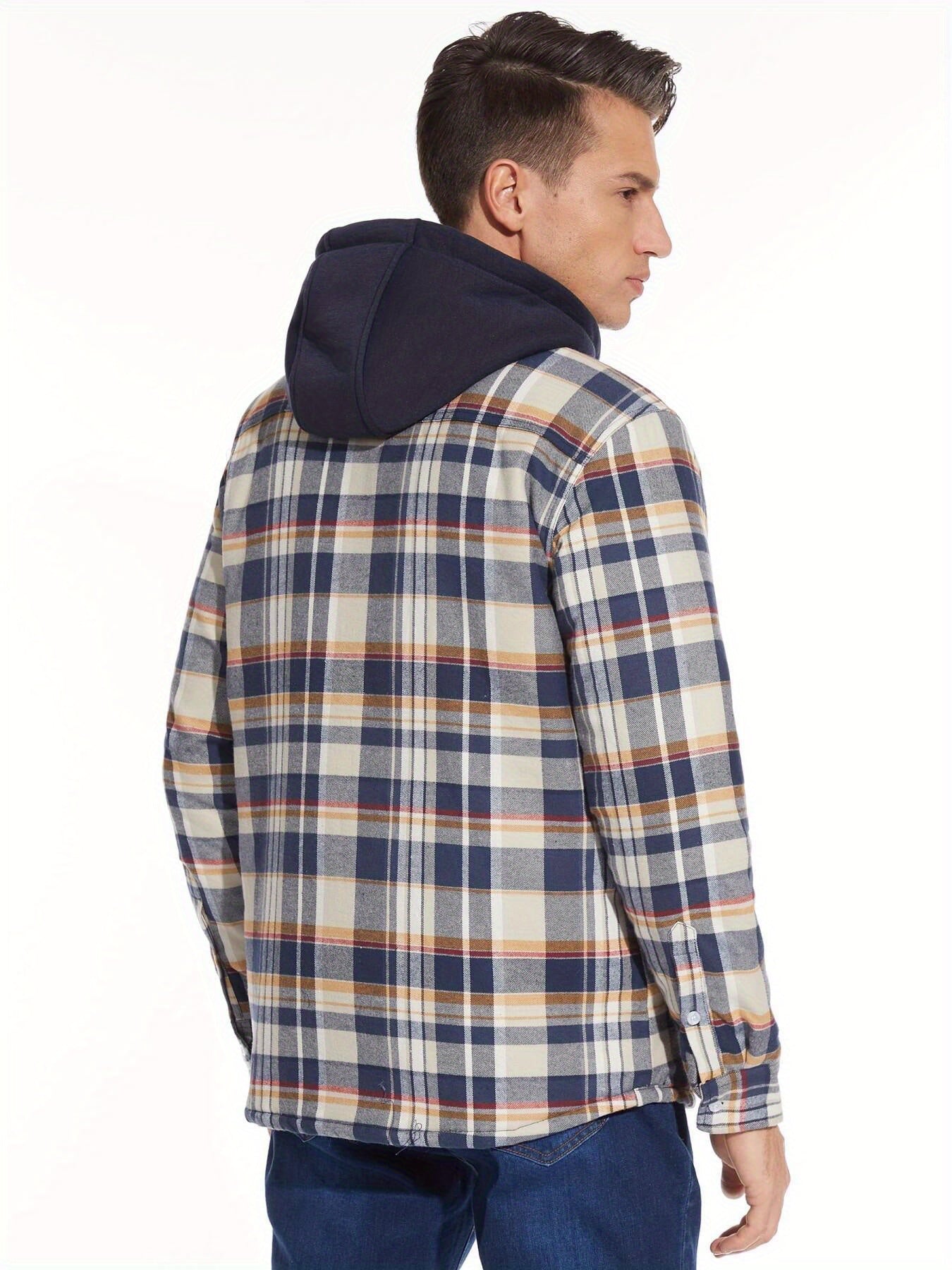 Wohthops Men's Plaid Cotton Hooded Jacket Full Zip Warm Lined Casual Coat with Button Pockets Autumn and Winter Daily Wear Long Sleeve Breathable Windproof Fashionable Jackets for Dating Party Casual Work Camping Fishing Shopping and Other Activities