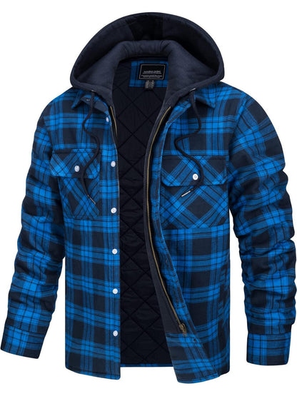 Wohthops Men's Plaid Cotton Hooded Jacket Full Zip Warm Lined Casual Coat with Button Pockets Autumn and Winter Daily Wear Long Sleeve Breathable Windproof Fashionable Jackets for Dating Party Casual Work Camping Fishing Shopping and Other Activities