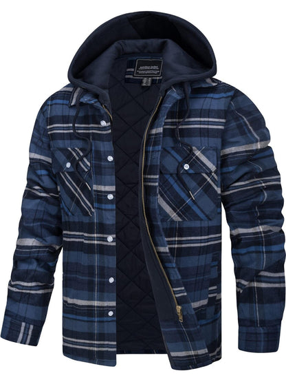 Wohthops Men's Plaid Cotton Hooded Jacket Full Zip Warm Lined Casual Coat with Button Pockets Autumn and Winter Daily Wear Long Sleeve Breathable Windproof Fashionable Jackets for Dating Party Casual Work Camping Fishing Shopping and Other Activities