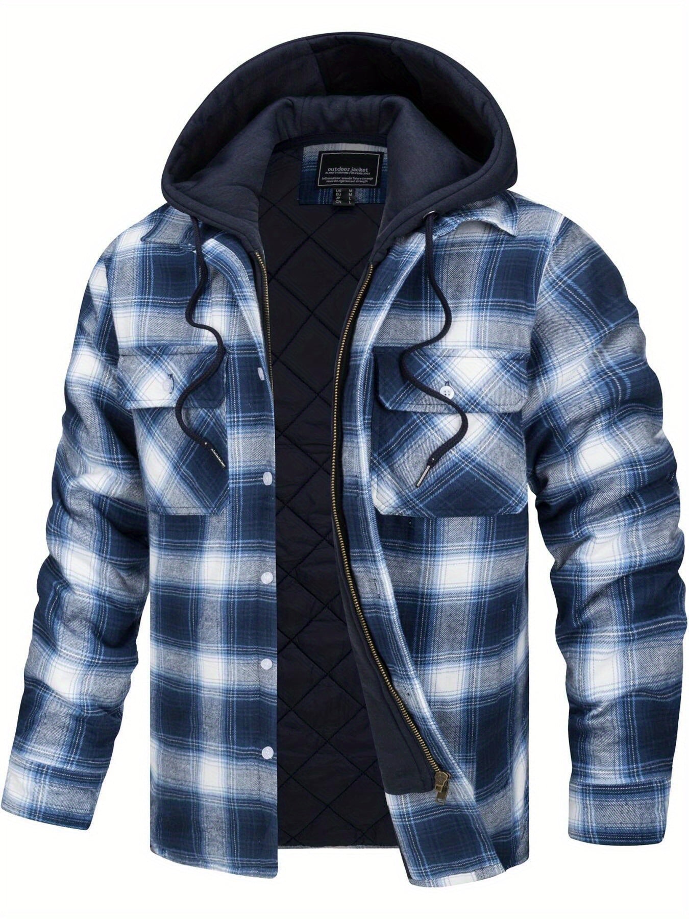 Wohthops Men's Plaid Cotton Hooded Jacket Full Zip Warm Lined Casual Coat with Button Pockets Autumn and Winter Daily Wear Long Sleeve Breathable Windproof Fashionable Jackets for Dating Party Casual Work Camping Fishing Shopping and Other Activities