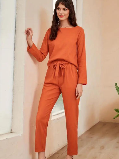 Tooluck Casual Solid Color Pants Set, Crew Neck Long Sleeve Top & Tie Waist Pockets Comfy Pants For Spring & Fall, Women's Clothing