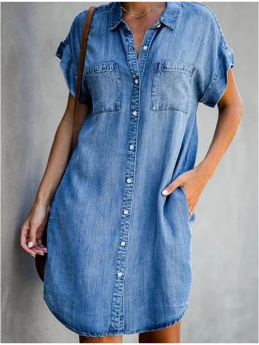 Vibrant Summer Denim Dress for Women - Lapel, Short-Sleeve, Button-Front, Solid Color, Casual One-Piece for Ladies - S to XL Sizes, Perfect for Outdoor Activities and Daily Wear