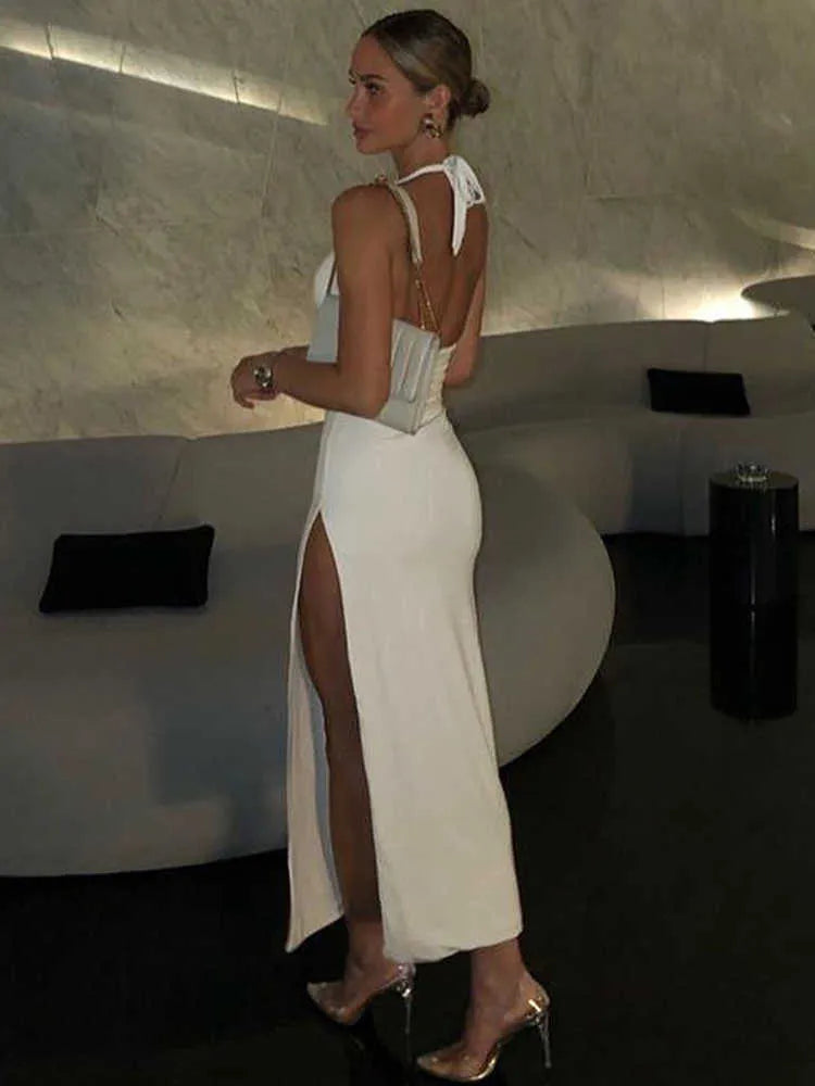 New White Halter Backless Bodycon Slit Prom Maxi Dress Women Summer Elegant Birthday Party Night Evening Ladies Tight Long Dresses