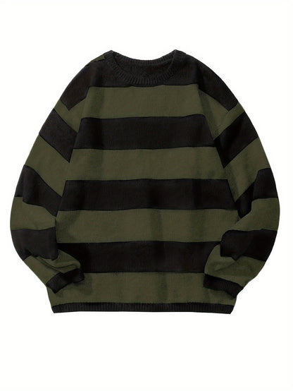 Retro Chic Knitted Sweater for Men - Soft, Warm, Slightly Stretchy Crew Neck Pullover with Preppy Striped Pattern for Fall and Winter - K-Pop Inspired, Casual, Comfortable, and Versatile