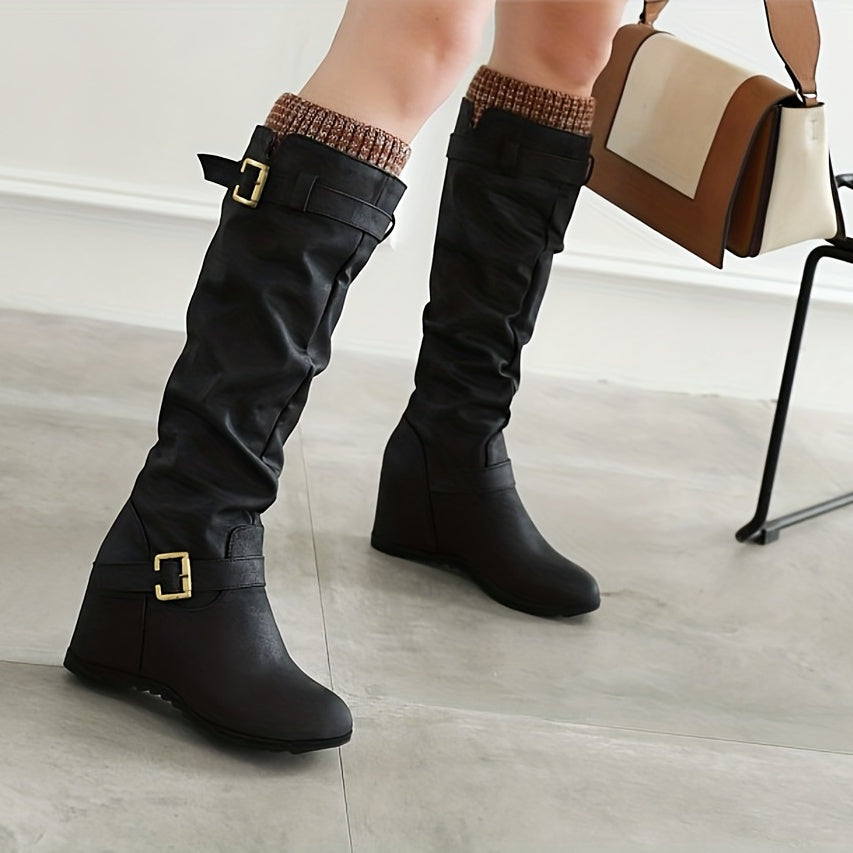 Womens Luxurious Velvet Knee High Boots - Rich Solid Color, Round Toe, Buckle Accent - Cozy Thermal Lining, Height Enhancing, Ultra-Comfortable, Versatile All-Occasion Shoes