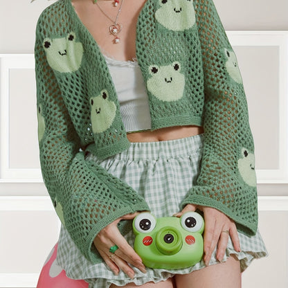 Cute Frog Pattern Open Front Cardigan, Casual Hollow Out Long Sleeve Crop Cardigan, Women's Clothing