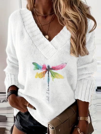 Dragonfly Pattern Sweater - Flattering V-Neckline, Cozy Long Sleeves for Ultimate Comfort, Effortlessly Casual Style, Perfect for Spring and Fall Seasons - Exclusively Designed for Womens Clothing