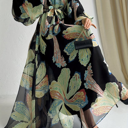 Floral Print Crew Neck Abayas Dress, Elegant Long Sleeve Maxi Length Dress, Women's Clothing