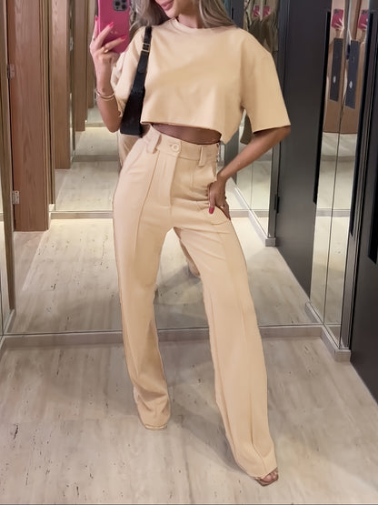 Two-Piece Solid Color Jacket and High Waist Straight Pants Set - Classic Combination for Chic and Comfortable Everyday Wear