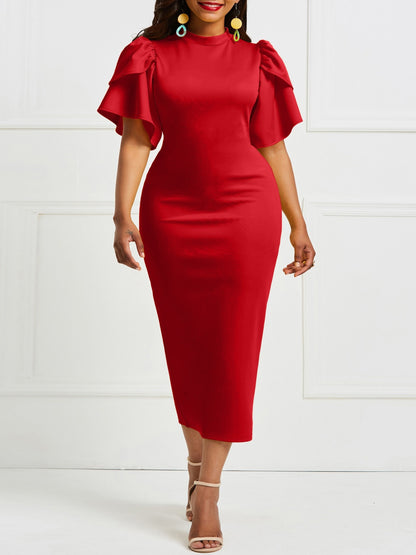 Long Sleeve Ruffle Midi Dress - Elegant Fitted Bodycon Dress for Women, Polyester Knit Fabric, Solid Color, Crew Neck, Short Ruffle Sleeve, No Belt, Perfect for Spring and Summer Elegant Dressing