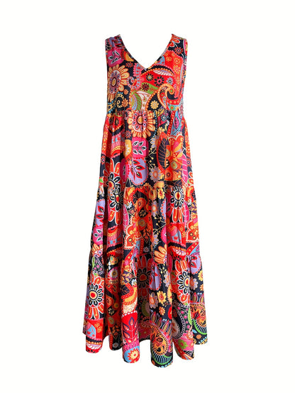 Vibrant Paisley Print V-Neck Maxi Dress - Flowy Sleeveless Ruffle Hem Loose Fit Design for Spring & Summer - Women's Vacation Clothing with Comfortable Fabric and Flattering Silhouette