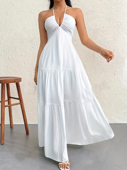 Tiered Layer Deep V Neck Halter Maxi Dress - Flowy, Backless, and Comfortable for Vacation and Spring & Summer - Machine Washable, Customized, and All-Season Wear