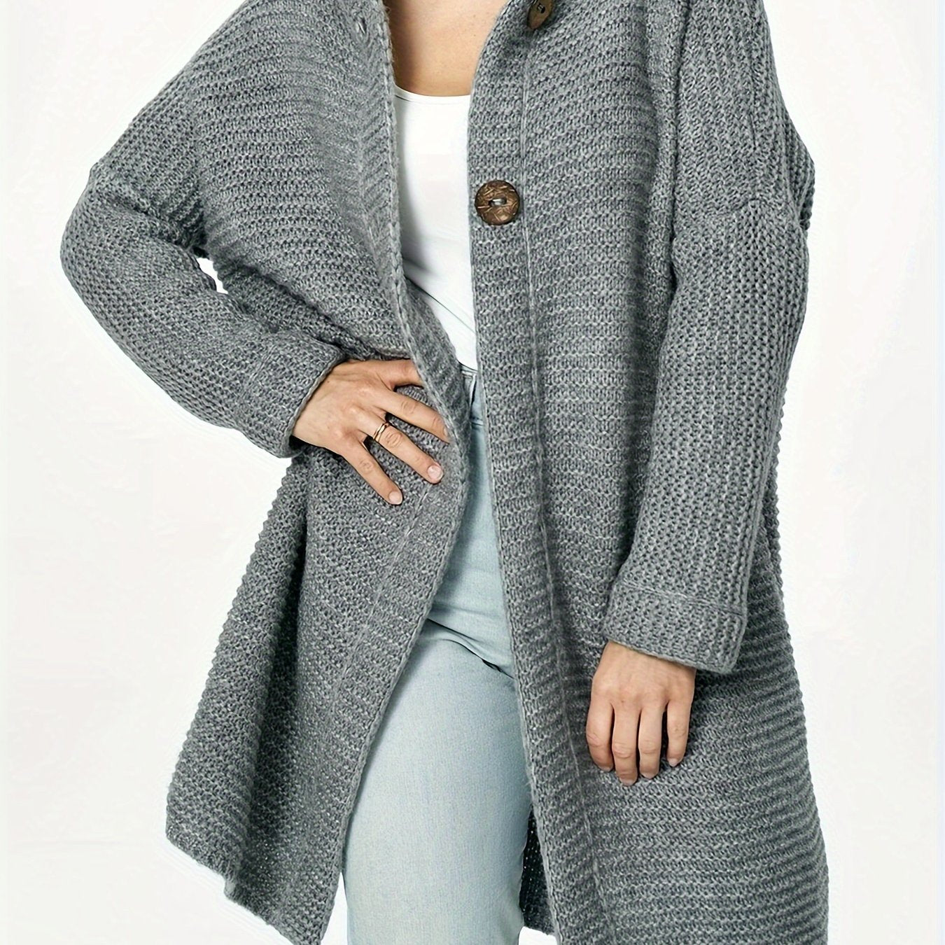 Plus Size Solid Color Hooded Knitted Cardigan, Casual Button Front Long Sleeve Cardigan For Fall & Winter, Women's Plus Size Clothing