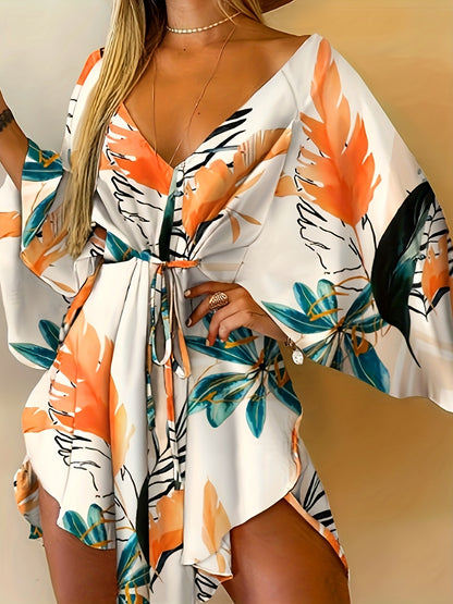 Vibrant Floral Print Fitted V-Neck Dress - Elegant Vacation Style with Tie Waist, Flare Sleeves, Micro Elasticity, and Random Printing - Perfect for Spring, Summer, and Fall Seasons