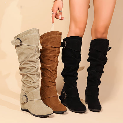 Women's Wedge Knee High Boots, Buckle Strap Height Increasing Slouch Long Boots, Comfort Warm Suedette Boots