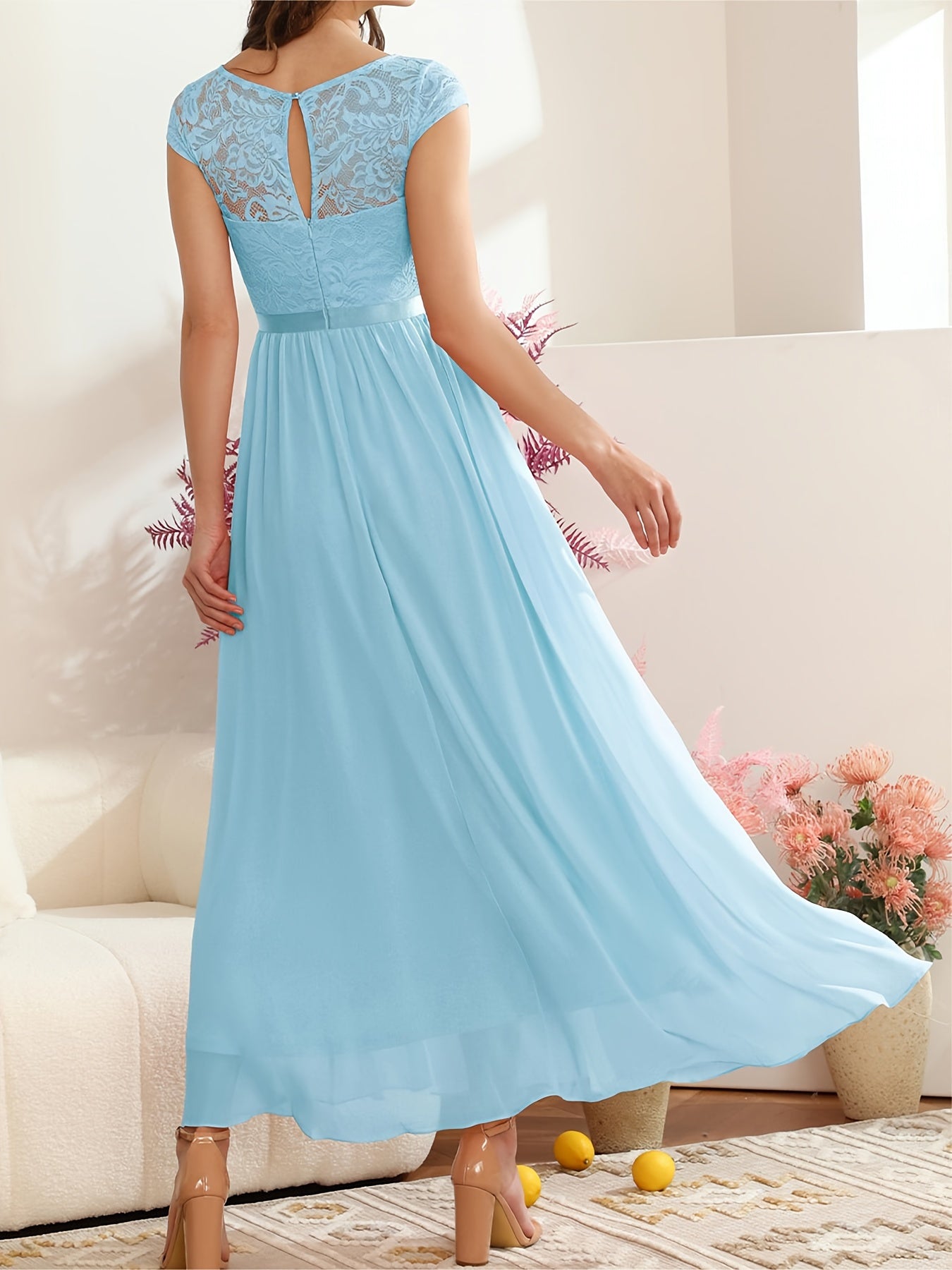 Solid Lace Aline Bridesmaid Dress, Elegant Chiffon Dress For Wedding Party, Women's Clothing