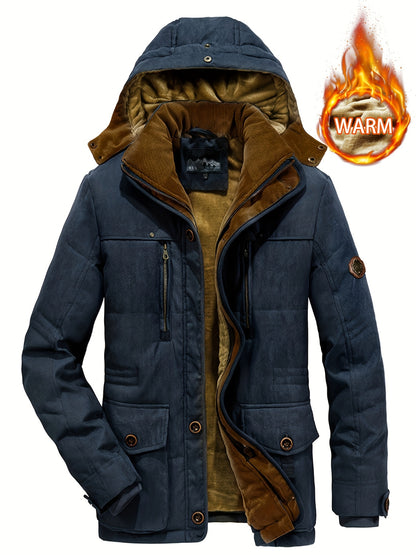 Winter Explorer's Dream - Ultra-Warm, Windproof, and Water-Resistant Hooded Jacket with Plush Retro Design for Men - Perfect for Autumn, Winter, and Snowy Days Outdoors