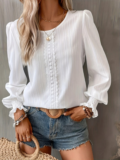 Chic Contrast Lace Blouse -Sophisticated Crew Neck with Flowy Long Sleeves - Perfect Casual Wear for Fashion-Forward Women