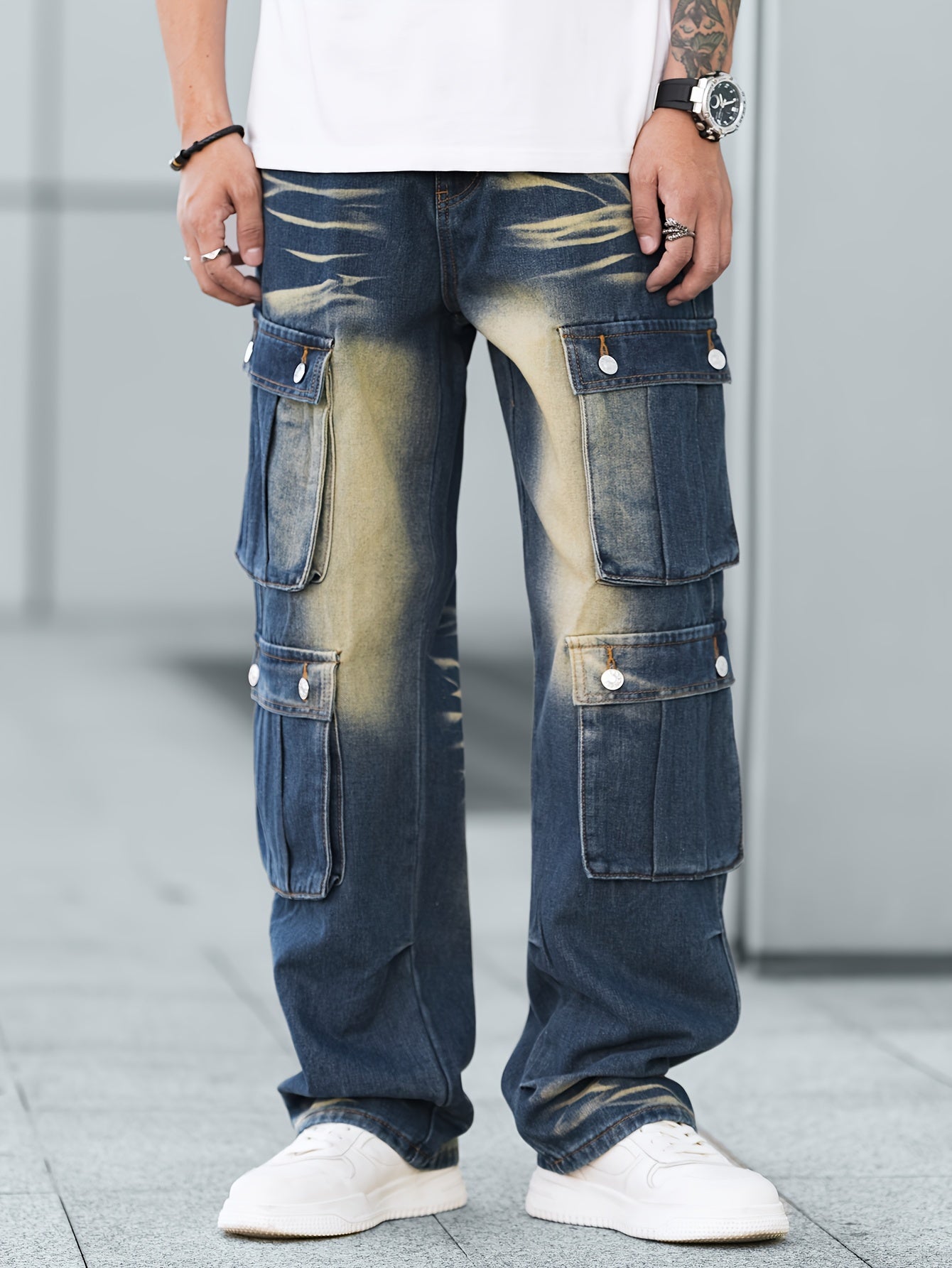 Stylish Loose Fit Wide Leg Jeans - Men's Comfy Denim Cargo Pants with Multiple Pockets for Street Style Fashion - Comfortable, Relaxed, and Fashionable Pants for Everyday Wear