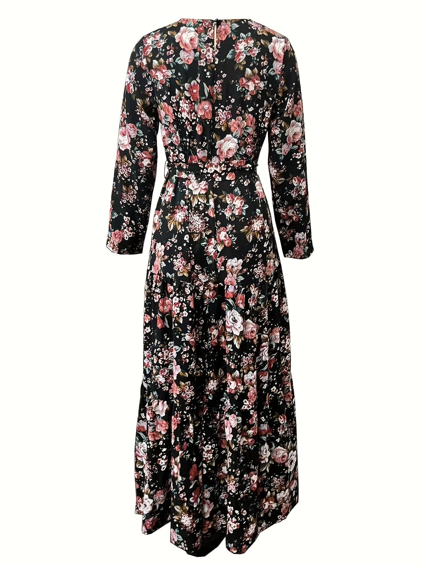 Ramadan Elegant Floral Print Crew Neck Long Sleeve Maxi Abaya - Polyester Woven, Machine Washable, No Sheer, No Elasticity, Random Printing - Perfect for Spring, Summer, and Fall Seasons