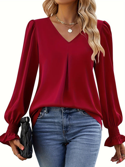 Elegant Women's Solid V-Neck Blouse - Ruched Long Sleeve, Durable Woven, Easy-Care for Spring/Fall