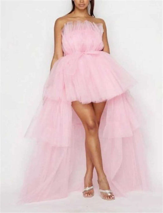 Casual Dresses Women High Low Tulle Dress Strapless Solid Color Mesh Tiered Cocktail Party Dress Prom Gown L230217