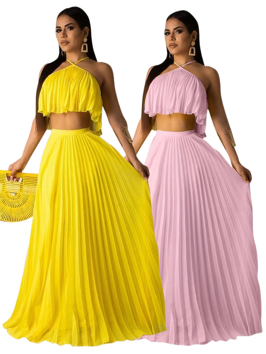 Solid Pleated Two-piece Set, Sleeveless Cropped Cami Top & High Waist Maxi Skirts Outfits, Women's Clothing