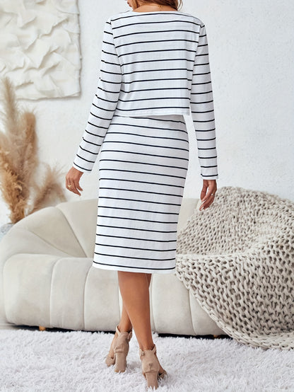 Striped Print Casual Two-piece Set, Button Front Long Sleeve Tops & Crew Neck Sleeveless Dress Outfits, Women's Clothing