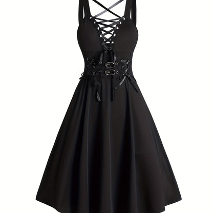 Mini Crisscross Strap Corset Dress - High Elasticity, Lace-Up, Spaghetti Strap, Sleeveless, Punk Style - Machine Washable, All-Season, Casual Wear for Women