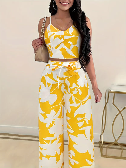 Vibrant Leaf Print Wide Leg Pantsuit - Elegant V Neck Backless Crop Cami Top & High Waist Tie Pants Outfit - Polyester, Machine Washable, Spring/Summer, Tropical Pattern, Woven Fabric